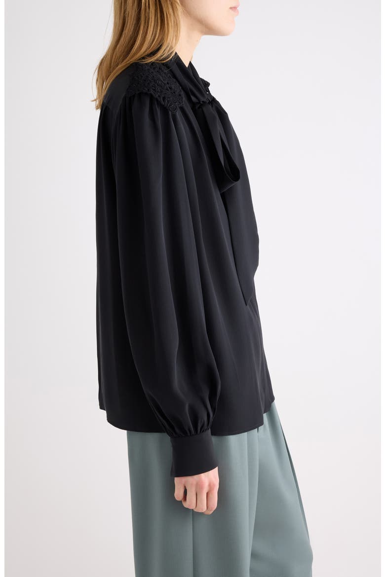 Pussybow Silk Crêpe de Chine Shirt, Alternate, color, BLACK