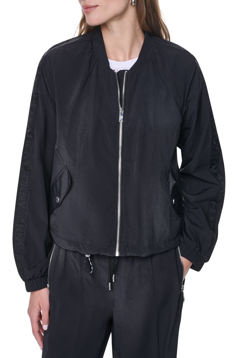 Logo Trim Nylon Bomber Jacket, Main, color, BLACK