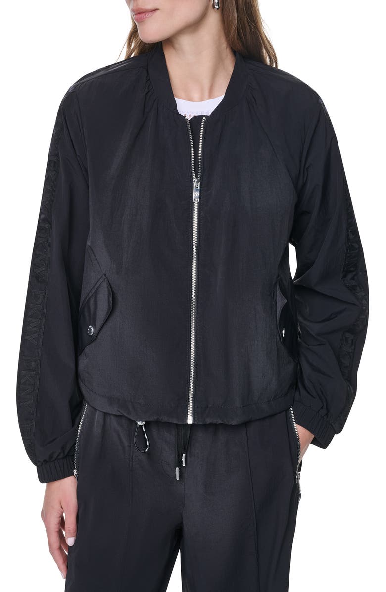 DKNY Logo Trim Nylon Bomber Jacket, Main, color, Black