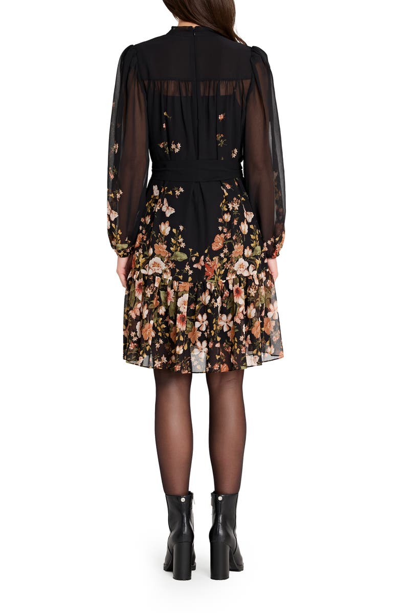 Tahari ASL Print Tie Waist Long Sleeve Dress, Alternate, color, Black Multi