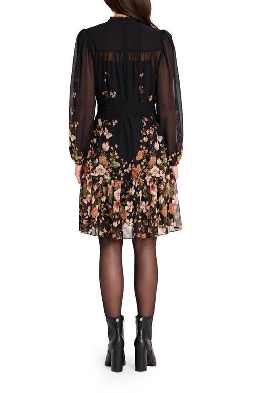 Tahari Asl Print Tie Waist Long Sleeve Dress In Multi