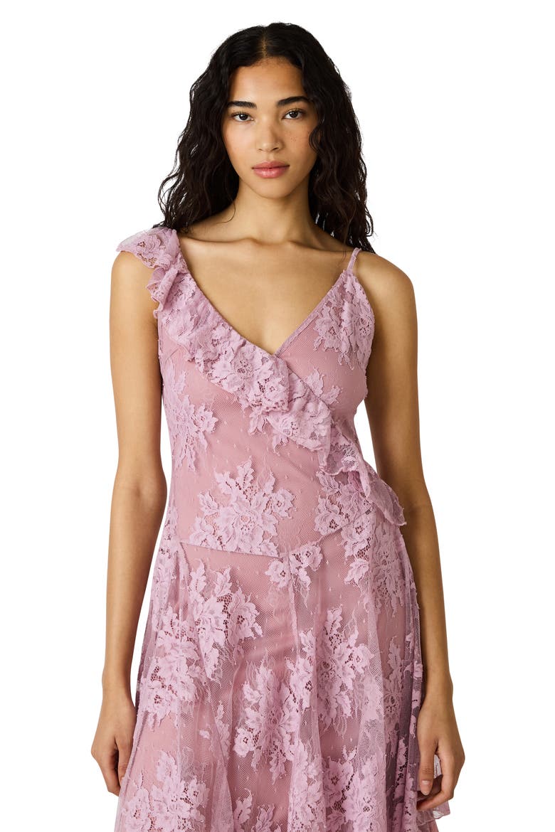 Dariella Lace Ruffle Asymmetric Dress, Alternate, color, MAUVE SHADOWS