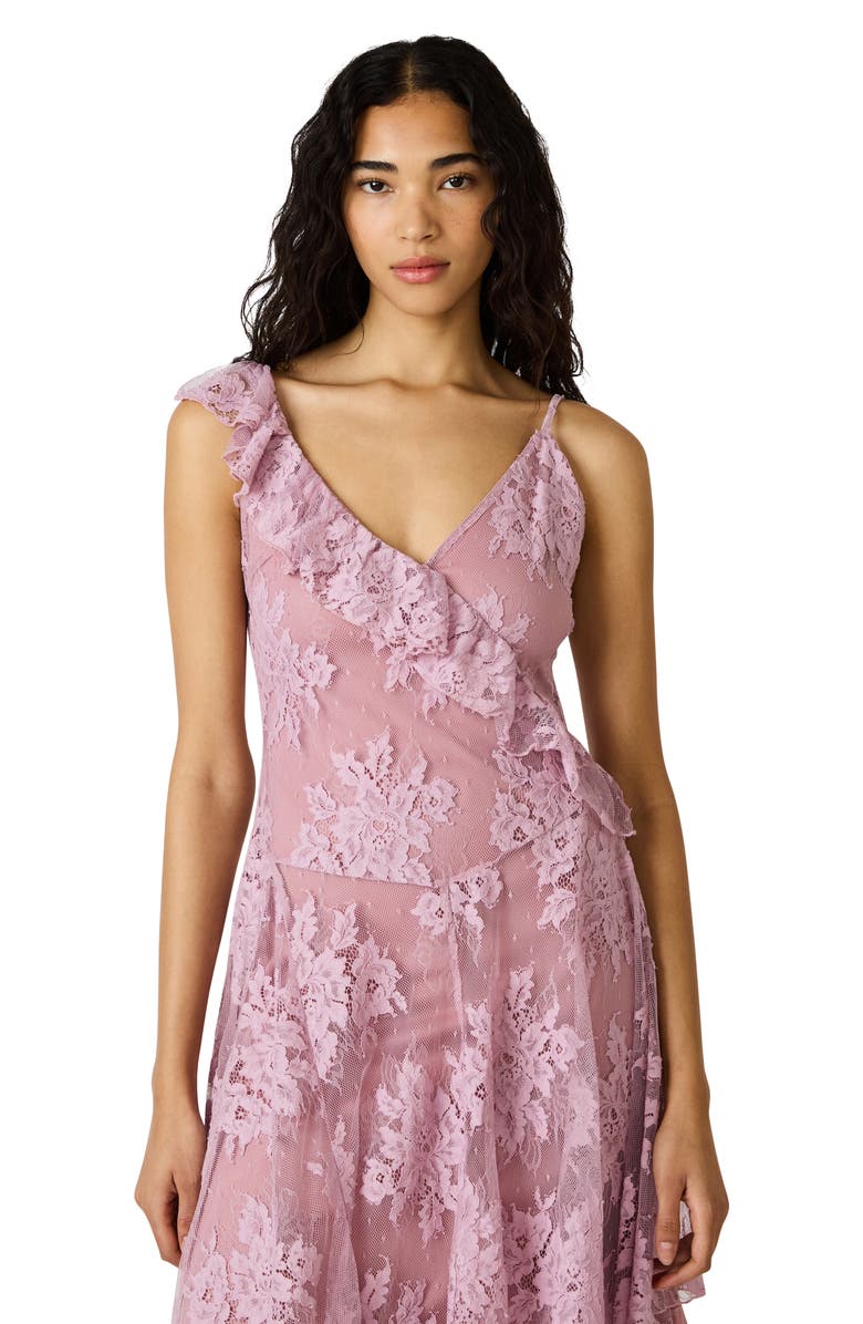 Steve Madden Dariella Lace Ruffle Asymmetric Dress, Alternate, color, Mauve Shadows