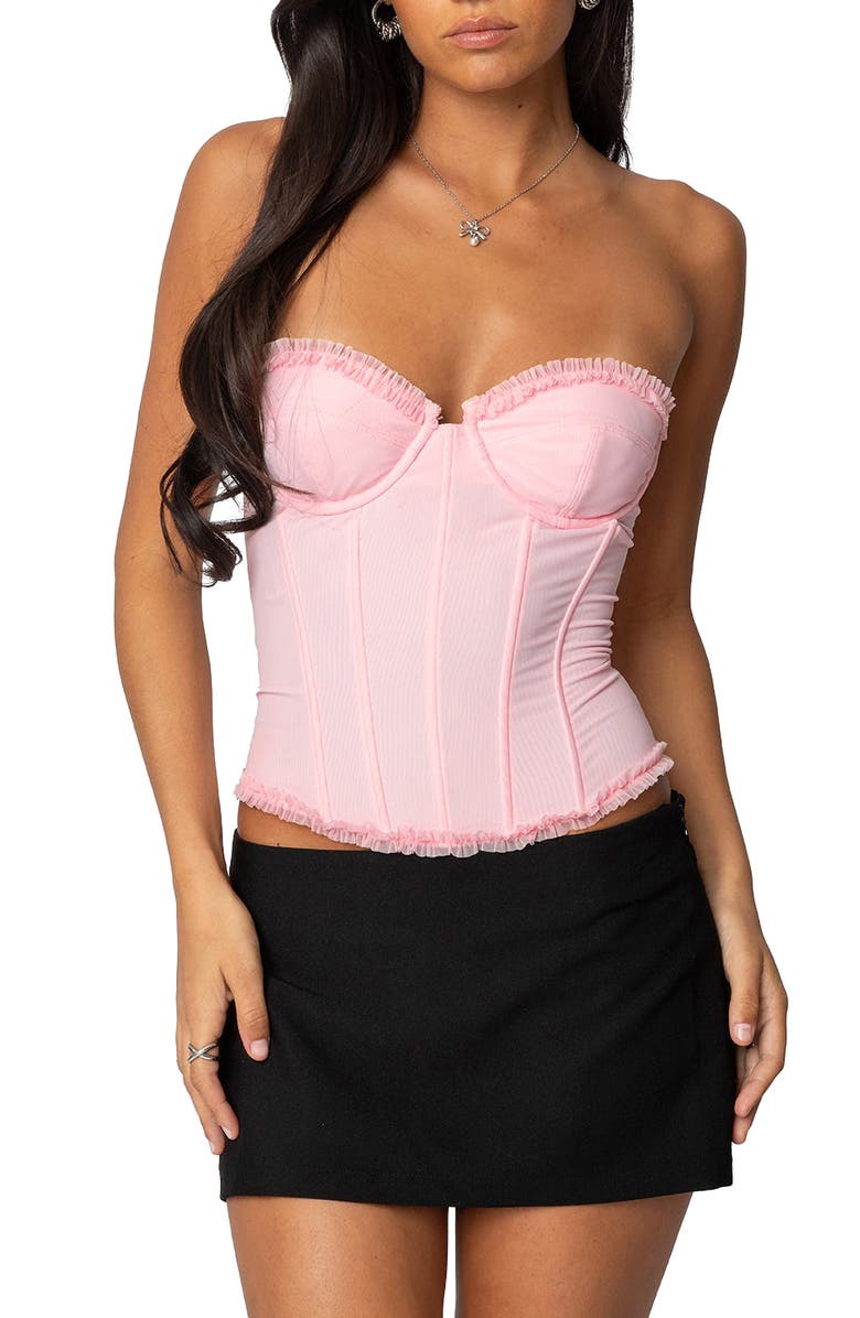 EDIKTED Deirdre Lace-Up Strapless Mesh Corset Top, Main, color, Pink
