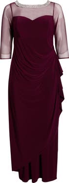 Alex Evenings Illusion Sleeve Side Ruched Gown