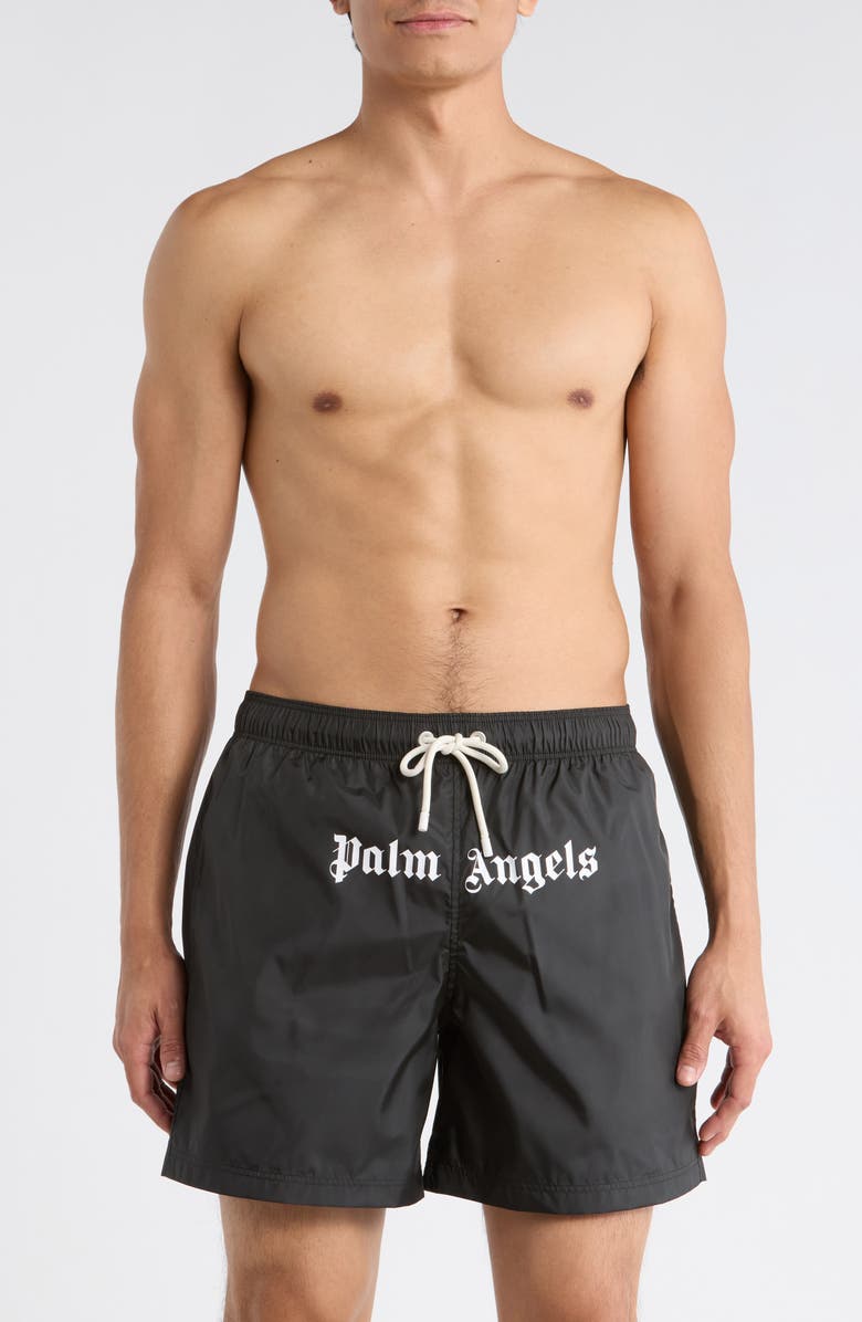 Palm Angels Logo Swim Shorts, Main, color, Black White