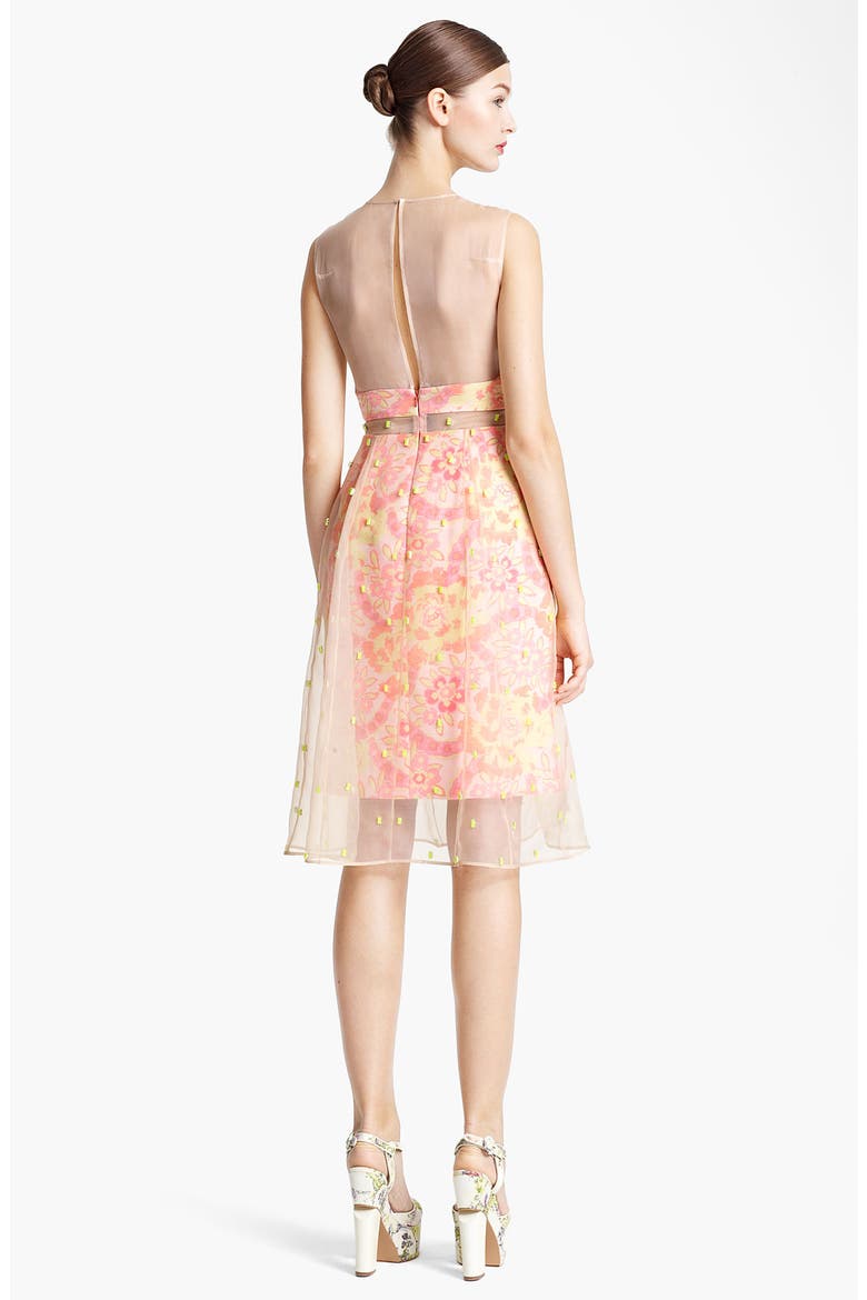 Damask Jacquard & Beaded Organza Dress, Alternate, color, NEON PEACH/ PINK
