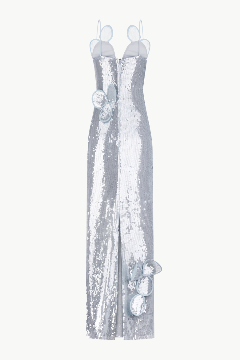 Sequin Maxi Bustier Dress With Floral Appliques and Layered Petals, Alternate, color, Light Blue