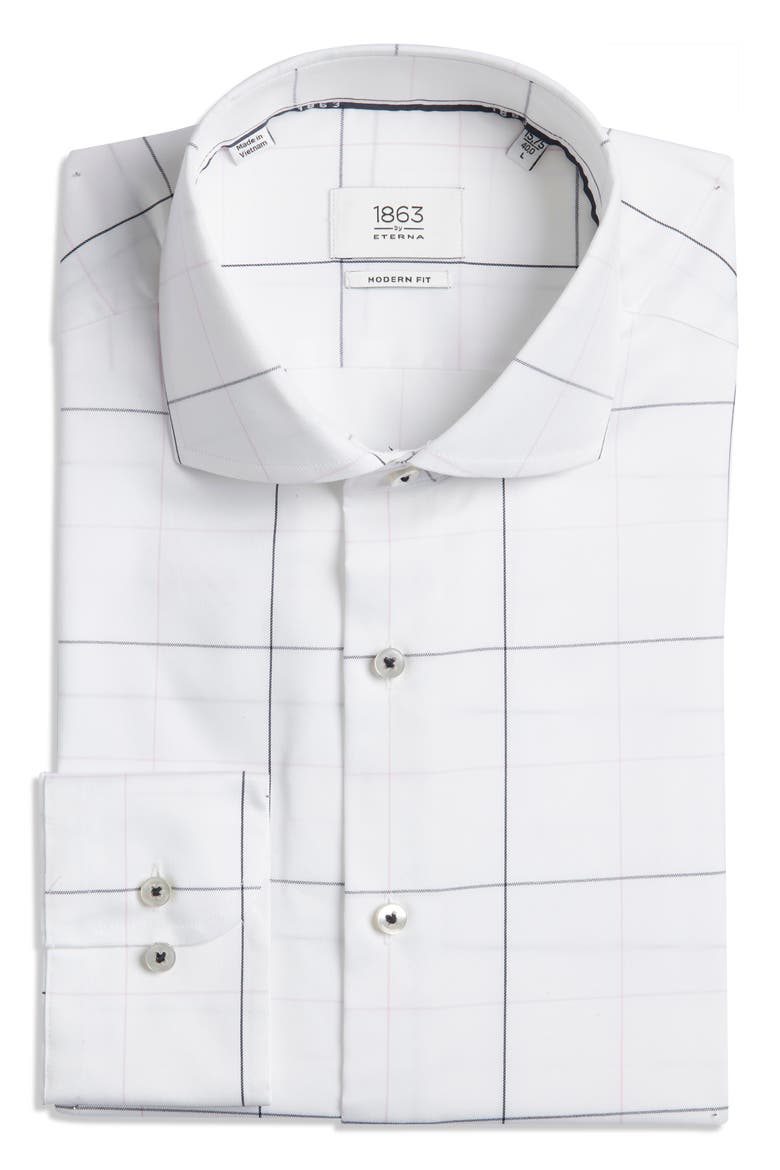 Modern Fit Windowpane Check Non-Iron Cotton Twill Dress Shirt, Alternate, color, NAVY