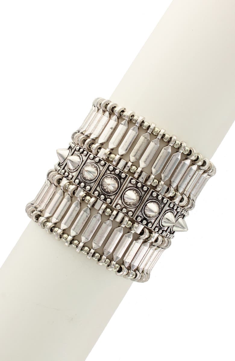 OLIVIA WELLES Detailed Panel & Spike Stretch Bracelet, Main, color, Antique Silver