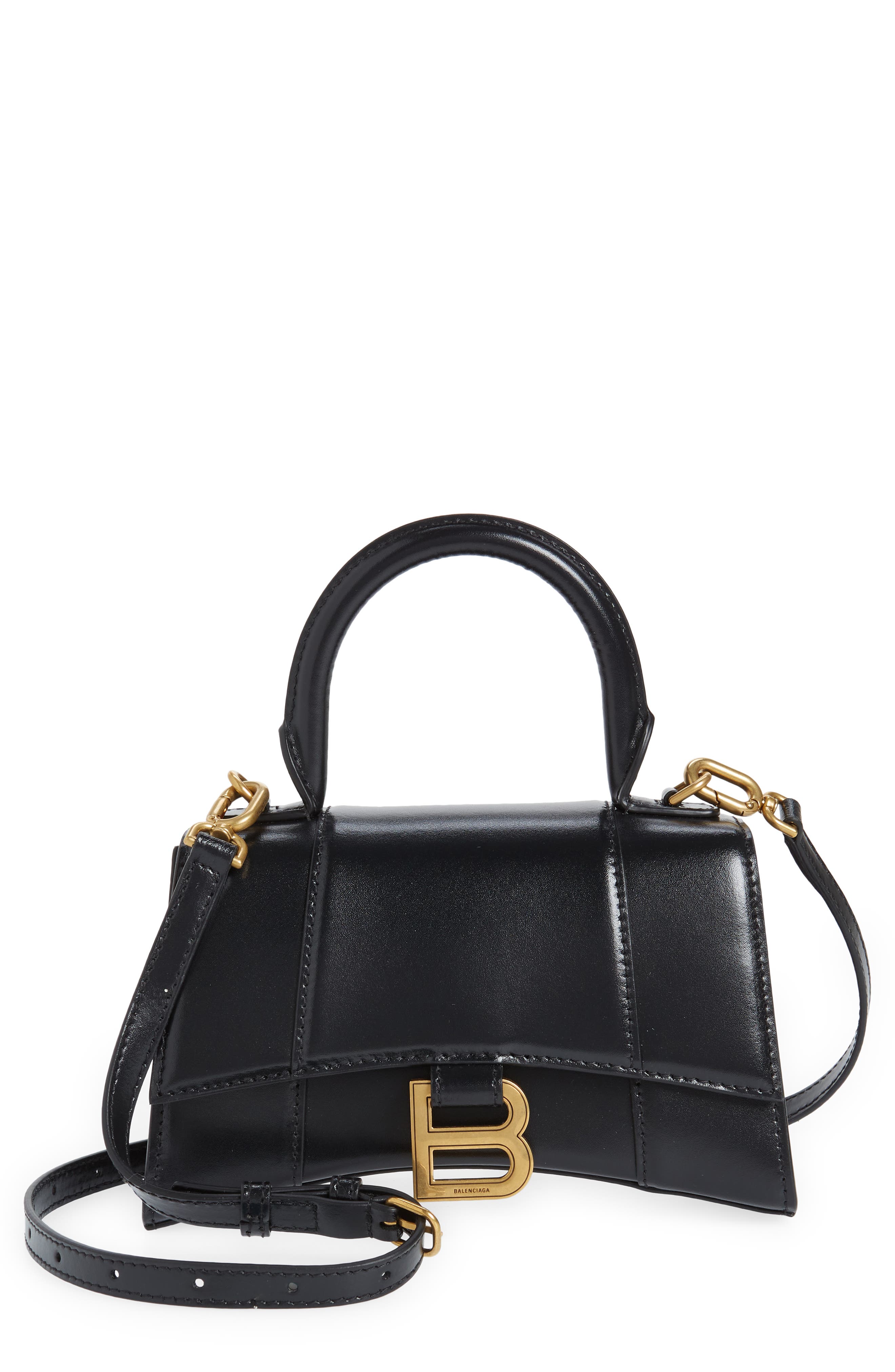 Extra Small Hourglass Leather Top Handle Bag, Main, color, BLACK