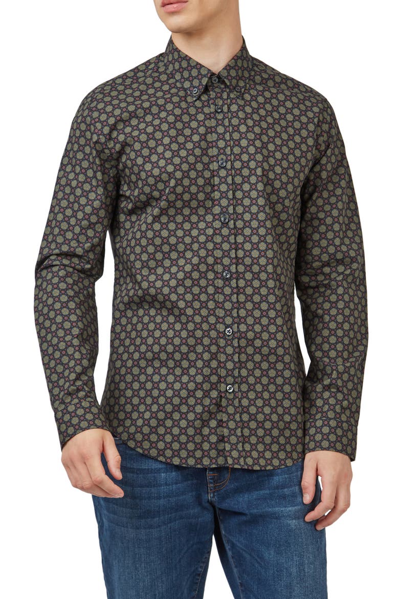 Print Cotton Button-Down Shirt, Main, color, BLACK