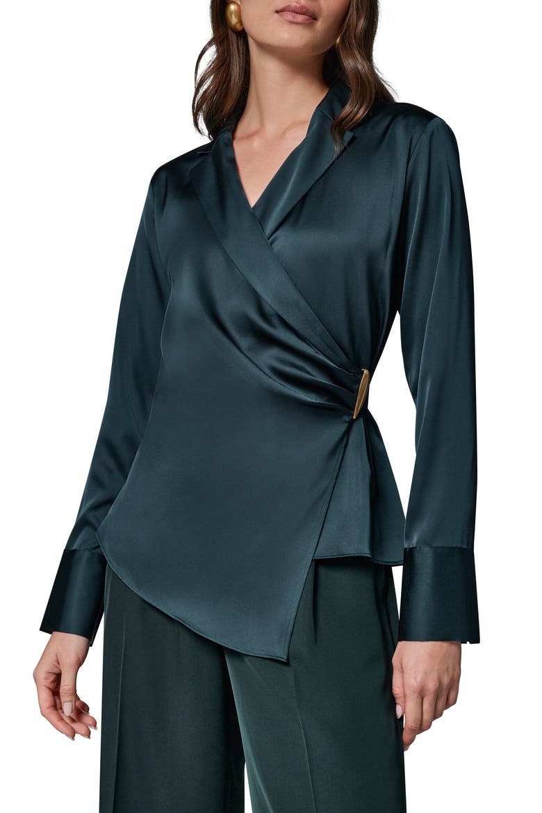 Buckle Detail Long Sleeve Satin Wrap Top, Main, color, BLK FOREST