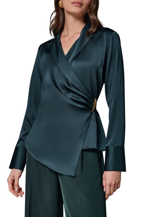 Buckle Detail Long Sleeve Satin Wrap Top