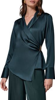 Donna Karan New York Buckle Detail Long Sleeve Satin Wrap Top