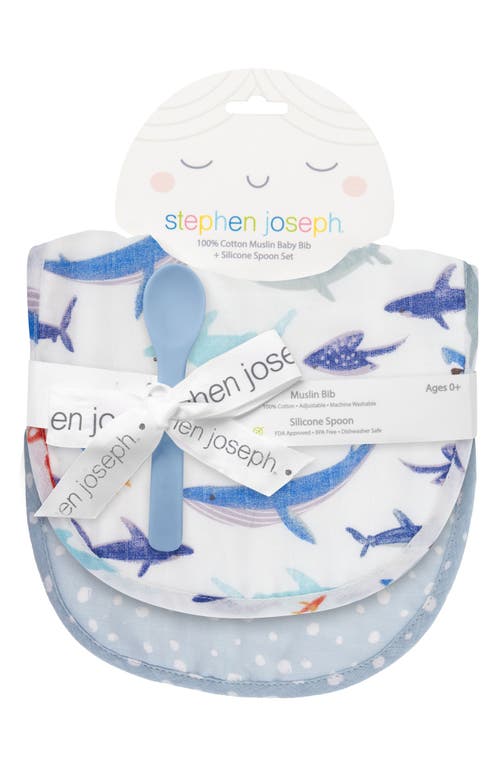 Stephen Joseph 2-pack Cotton Muslin Bibs & Silicone Spoon Set In Blue