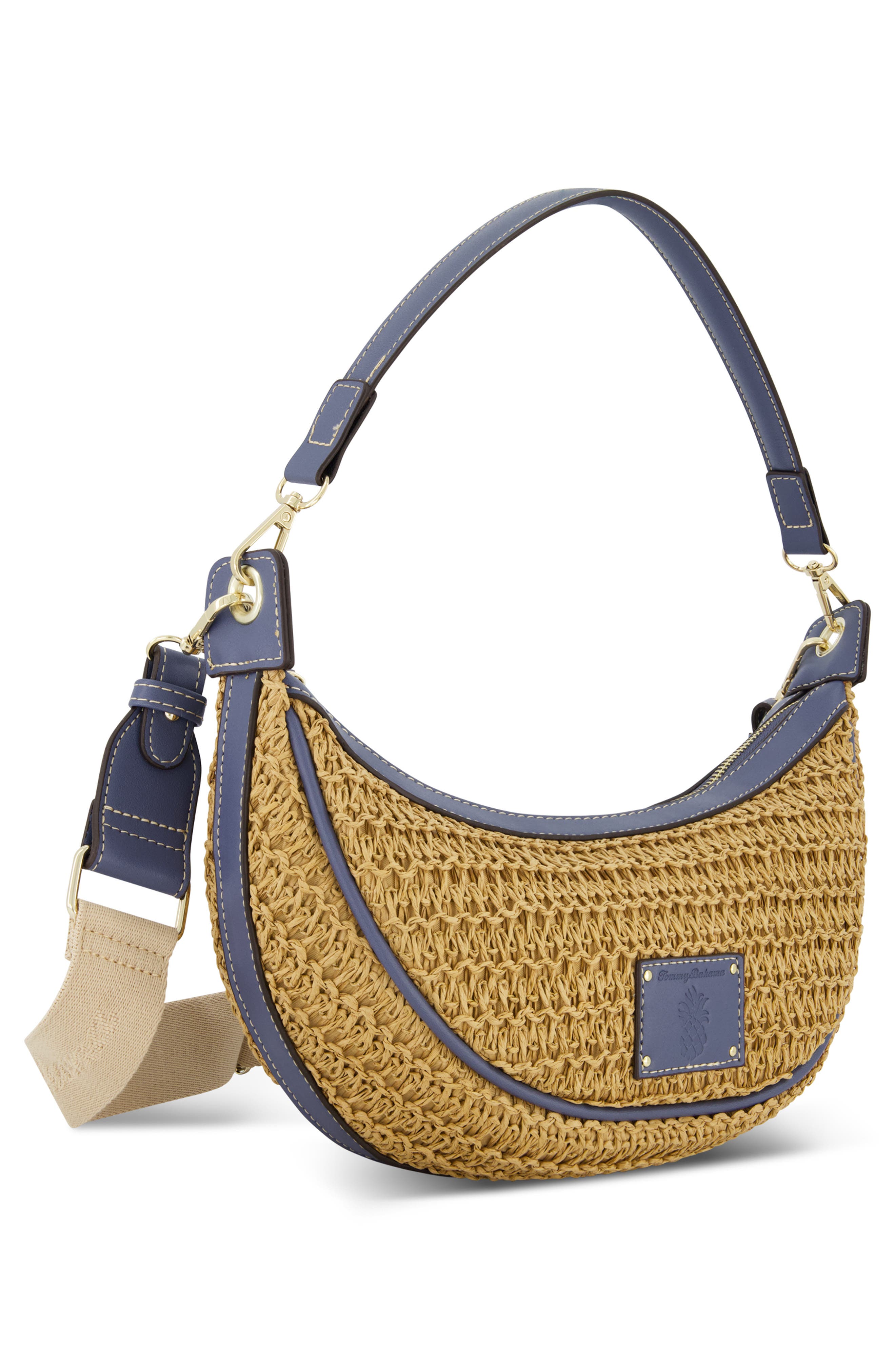 Tommy Bahama Logo Debossed Raffia Shoulder Bag, Alternate, color, Navy
