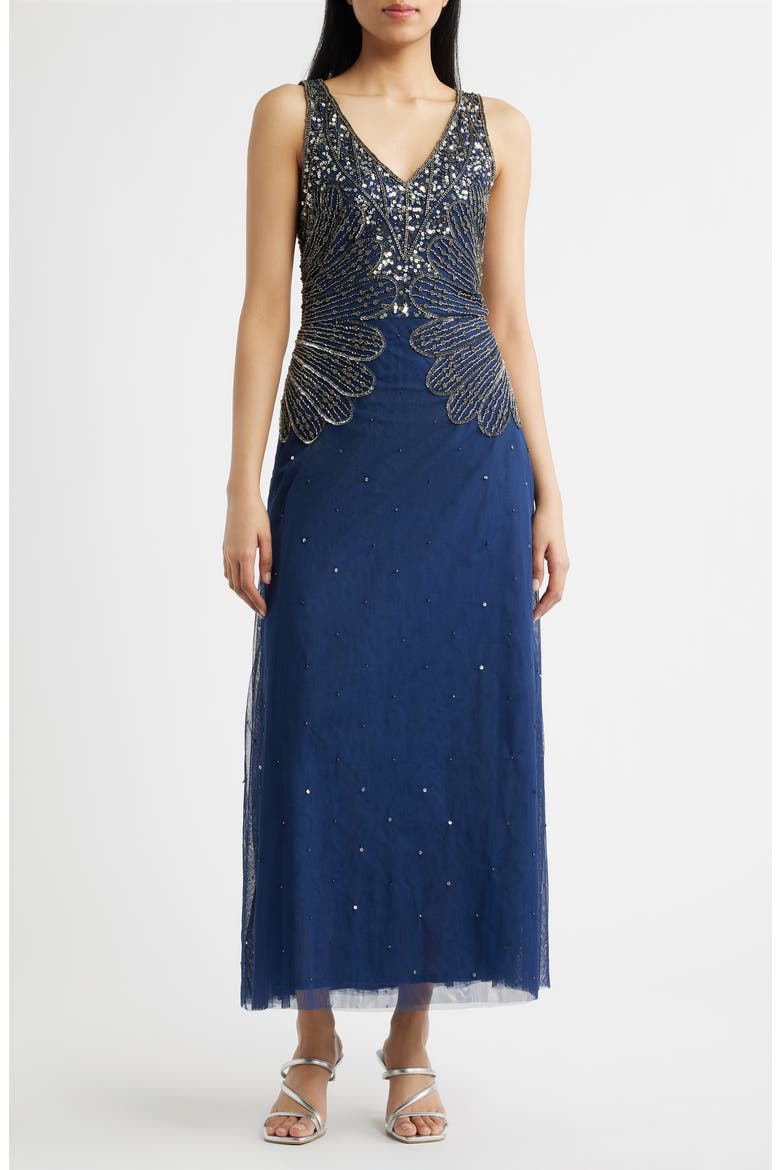 Beaded Sleeveless Chiffon Dress, Main, color, DENIM