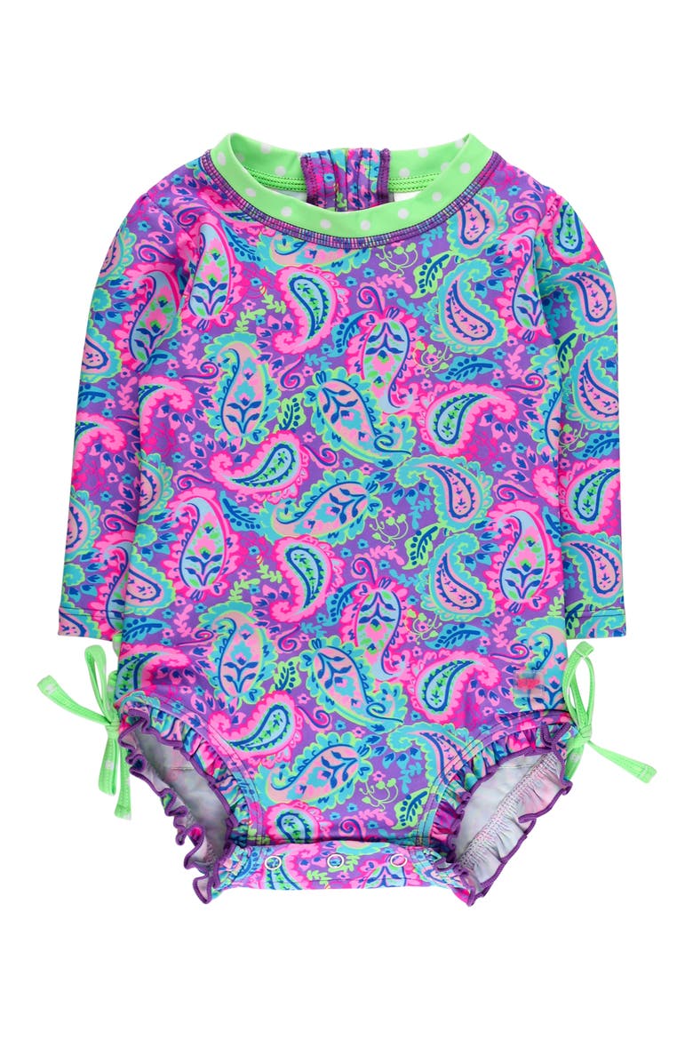 Kids' Neon Paisley One-Piece Rashguard Swimsuit, Main, color, PURPLE