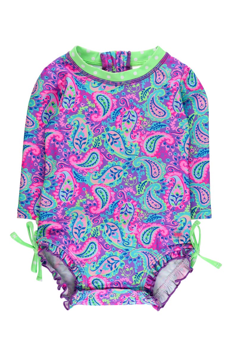 RuffleButts Kids' Neon Paisley One-Piece Rashguard Swimsuit, Main, color, 