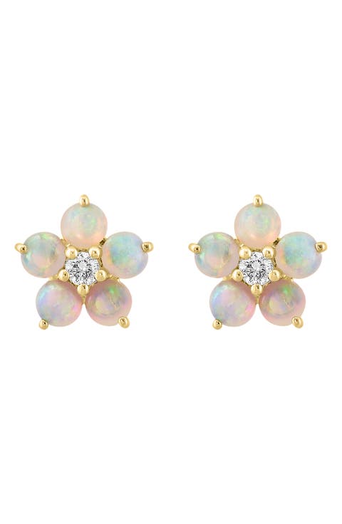 14K Yellow Gold Diamond Opal Stud Earrings