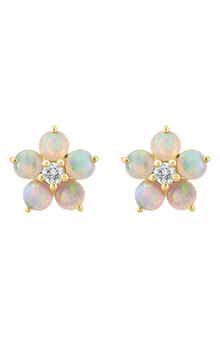 14K Yellow Gold Diamond Opal Stud Earrings