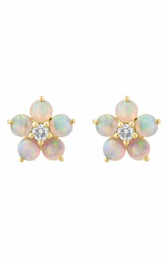 14K Yellow Gold Diamond Opal Stud Earrings