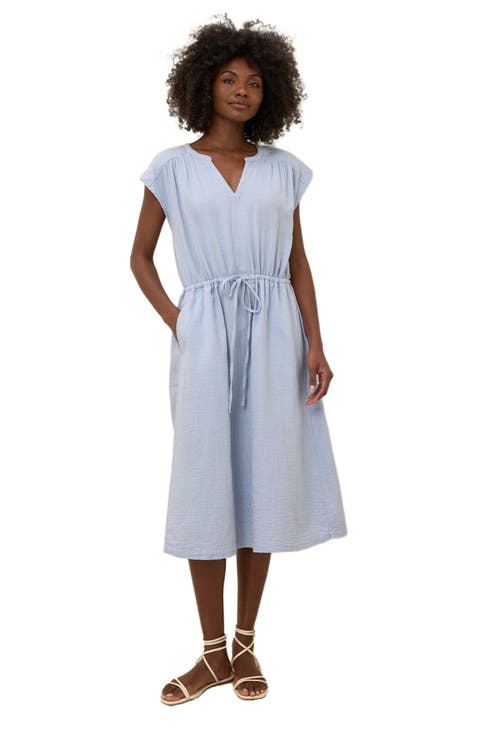 Organic Cotton Coastal Double Gauze Tie Waist Midi Dress