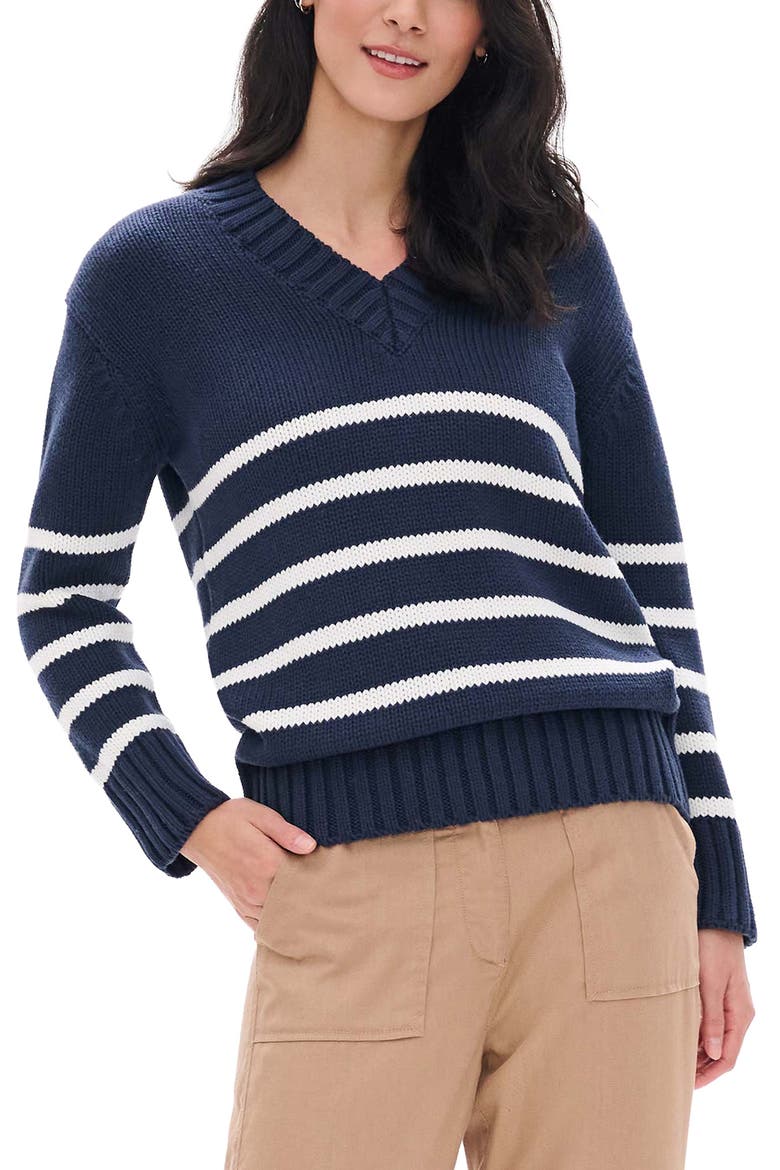 Stripe Cotton & Cashmere V-Neck Sweater, Main, color, NAVY