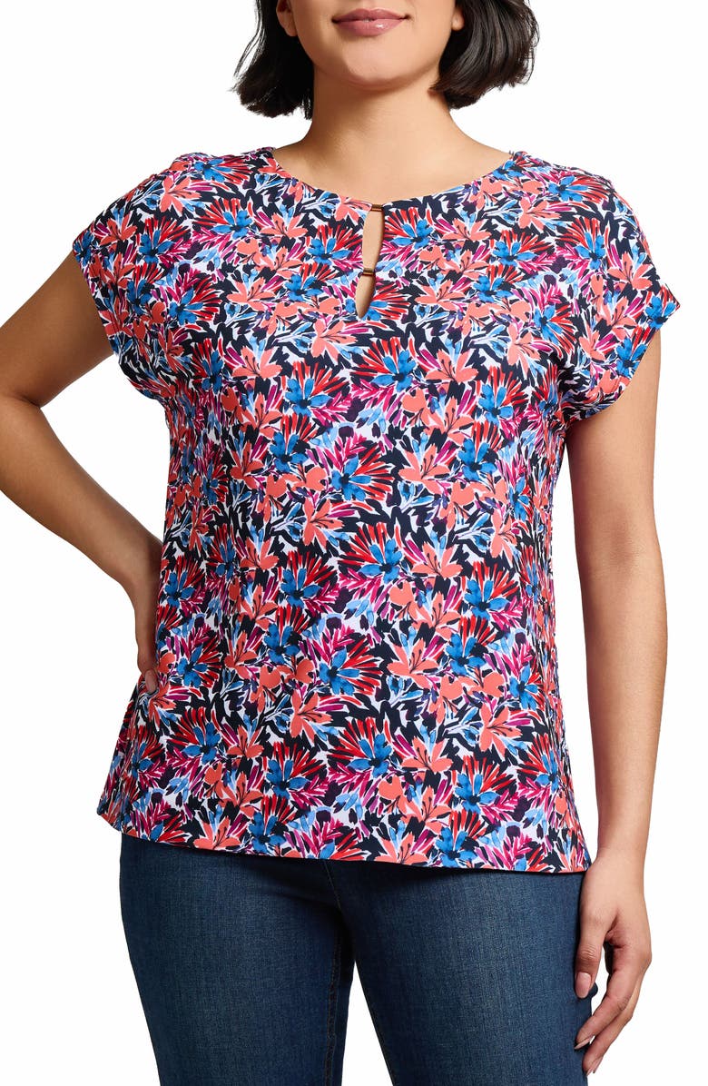 Jones New York Floral Print Keyhole Crepe Top, Main, color, 