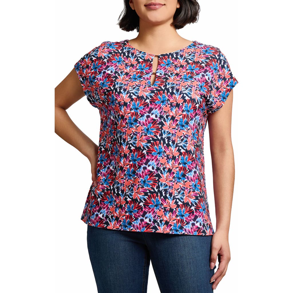 Jones New York Floral Print Keyhole Crepe Top In Coral Sun Multi