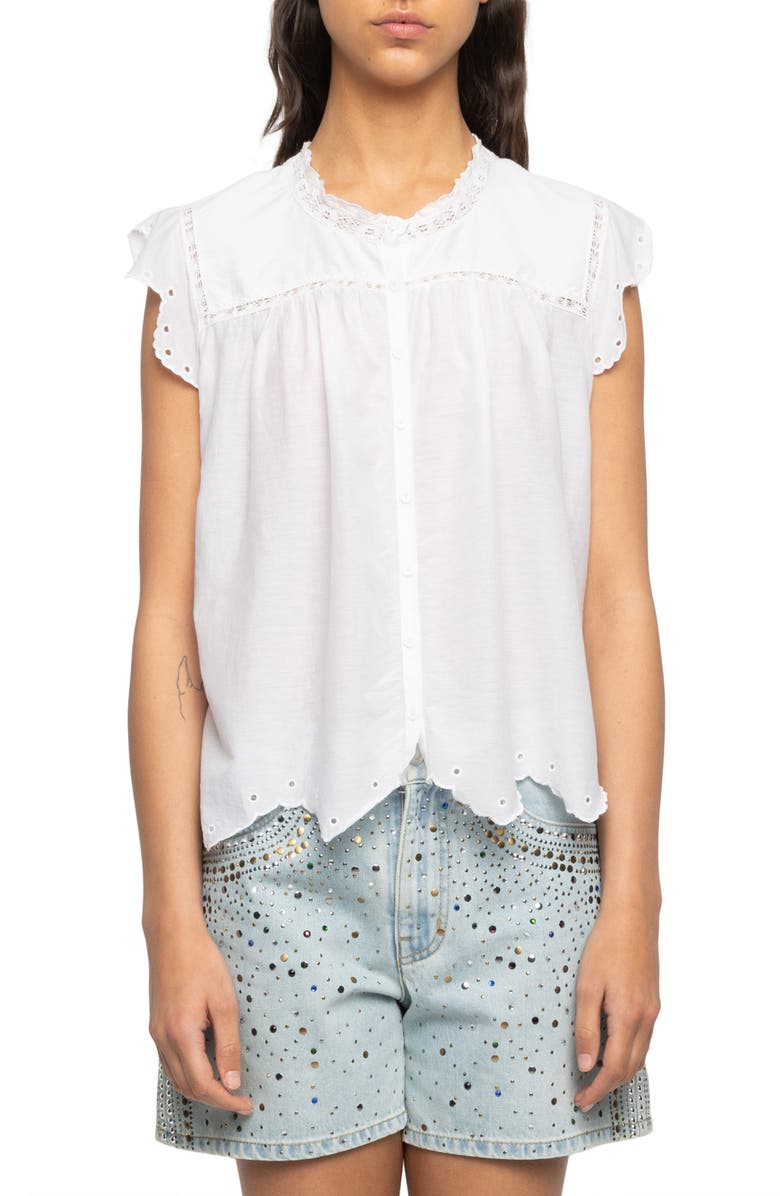 Zadig & Voltaire Tika Lace Trim Flutter Sleeve Top, Main, color, Judo