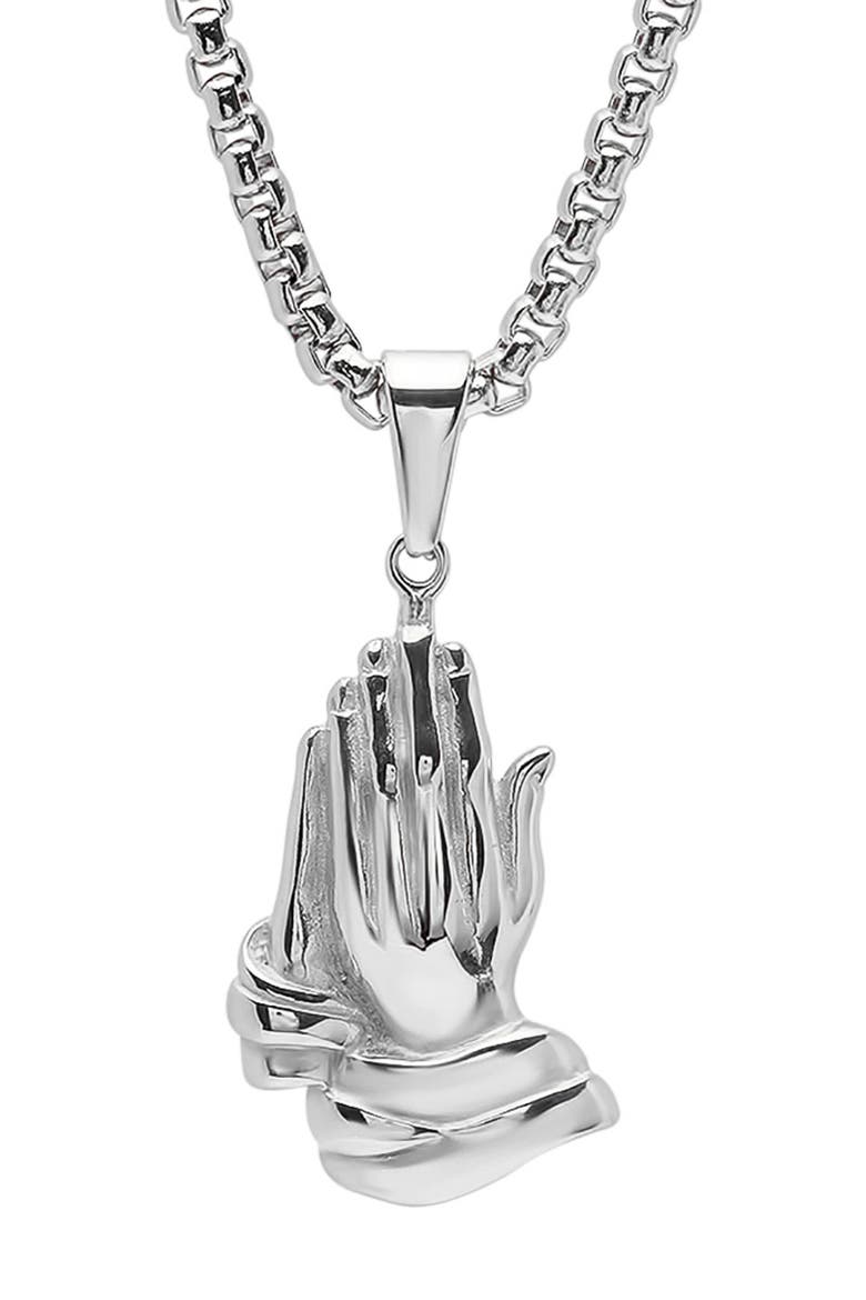 Men's Prayer Hand Pendant Necklace, Main, color, METALLIC