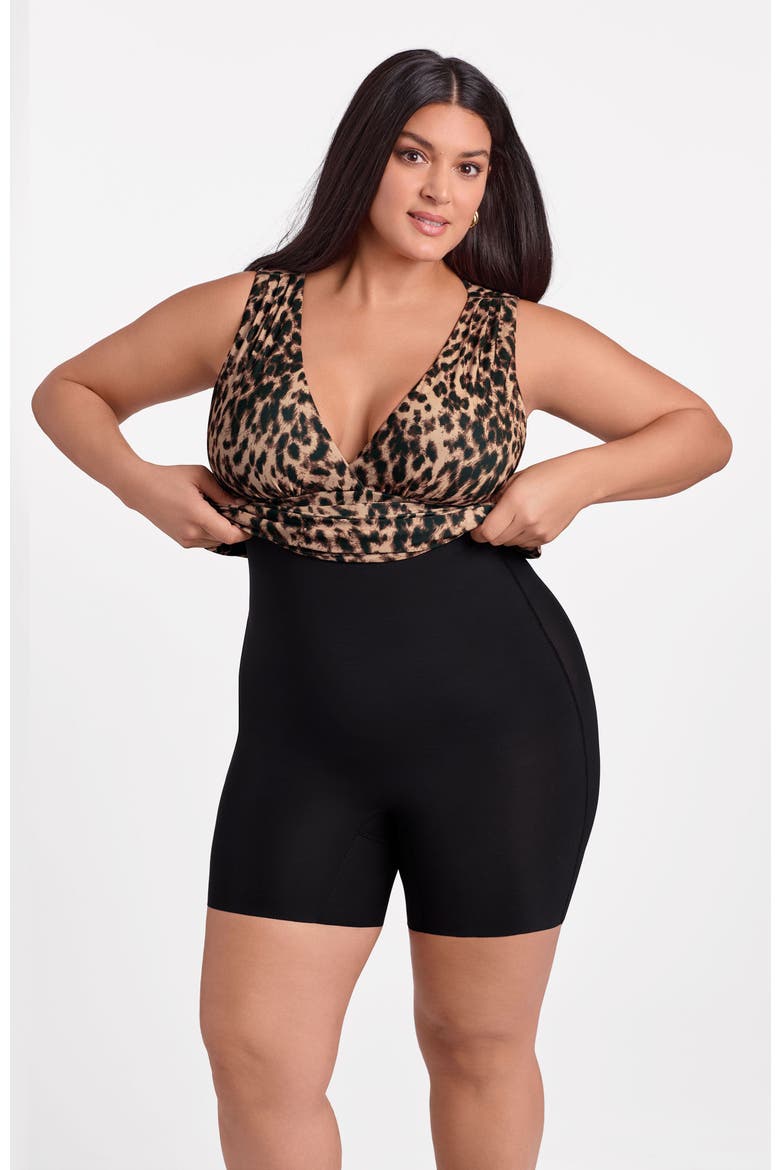 Sculpting Shapewear Shirred Waist V-Neck Mini Dress, Alternate, color, Dolce Leopard