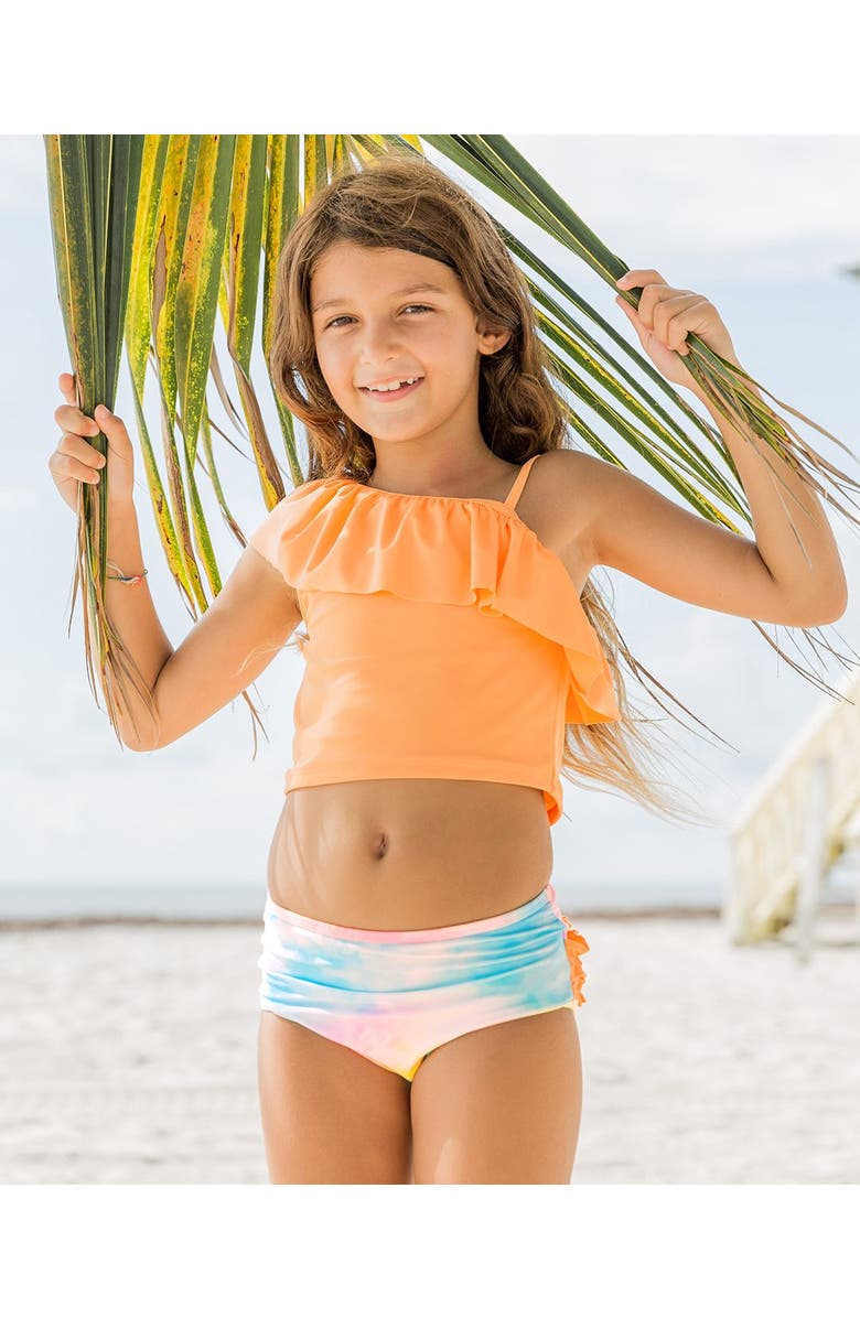 RuffleButts Girls One Shoulder Ruffle UPF50+ Tankini, Alternate, color, Rainbow Watercolor