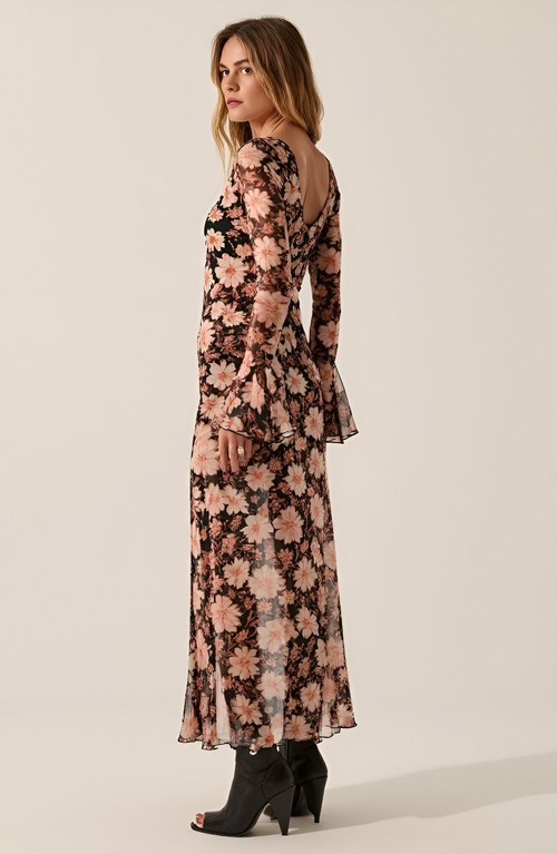 Modenaire Floral Mesh Maxi Dress With Trumpet Sleeves, Drop Waist And Asymmetrical Slit Skirt In Pink