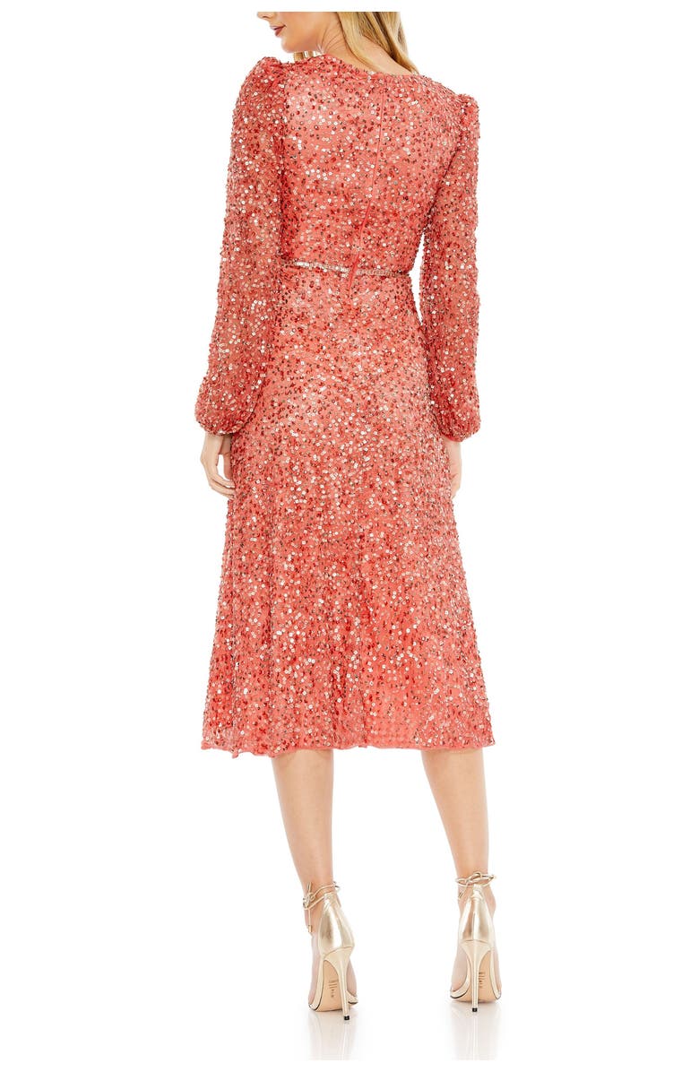 Mac Duggal Sequin Elegance A-Line Wrap Dress with Dramatic Puff Sleeves, Alternate, color, Coral