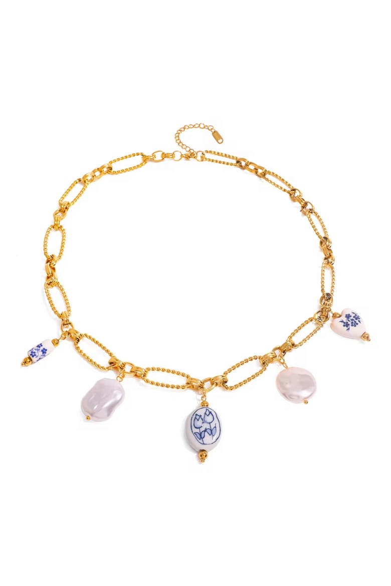 Faux Pearl Charm Necklace, Main, color, GOLD