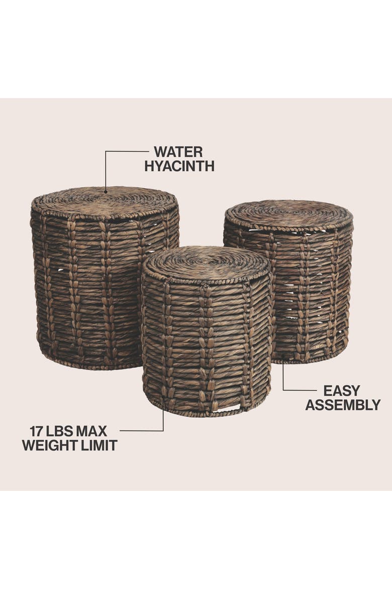Zaria Coastal Handwoven Round Nesting Accent Tables, Set of 3 Woven Side End Tables with Metal Frame, Alternate, color, Brown