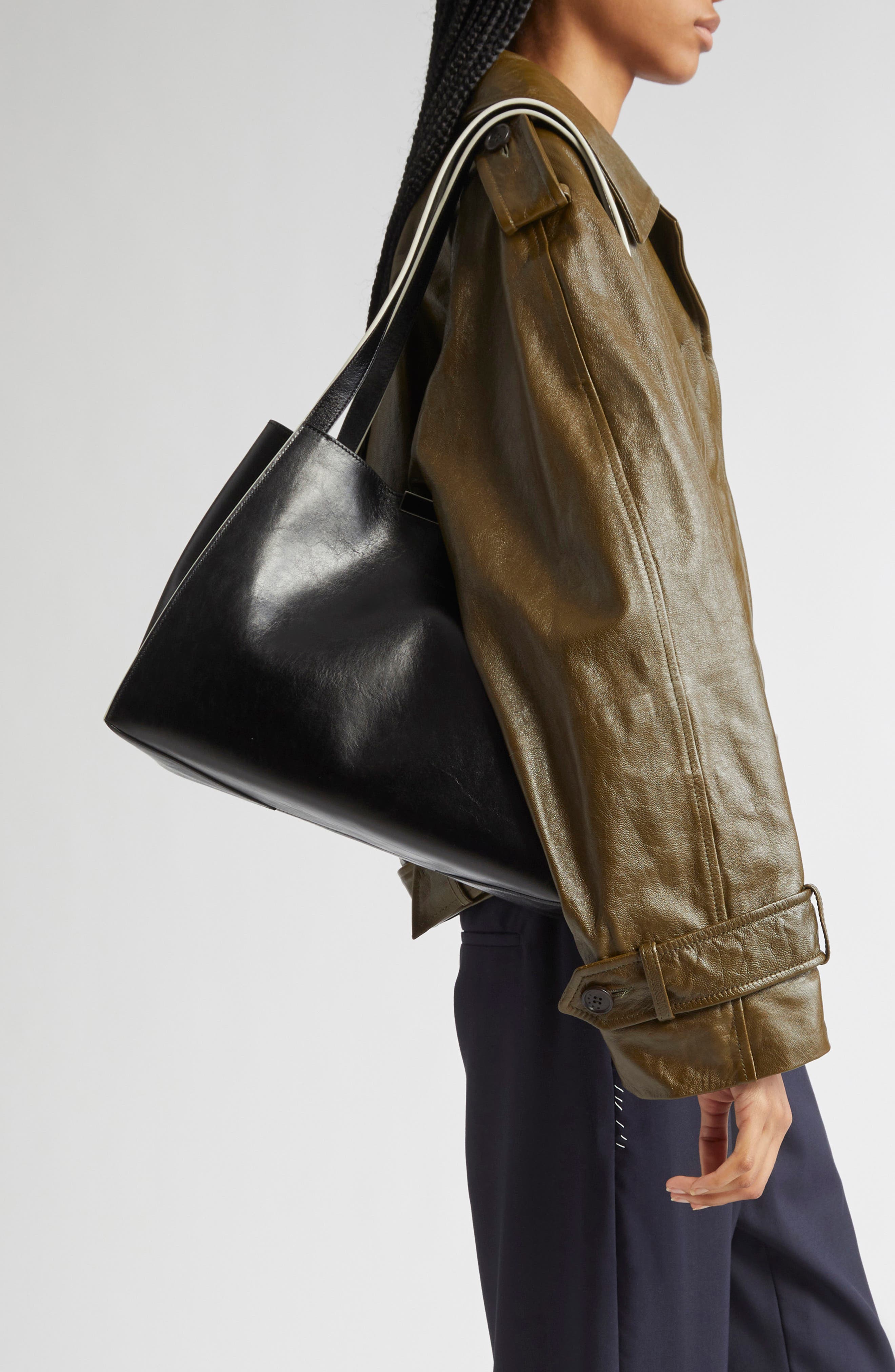 Marni East/West Duffle Leather Shoulder Bag, Alternate, color, Black