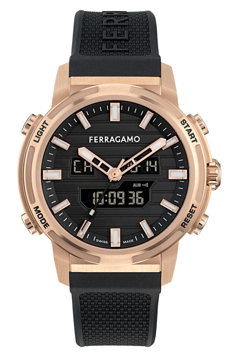 Sport Anadigit Silicon Strap Watch, 43mm, Main, color, BLACK/ ROSE GOLD