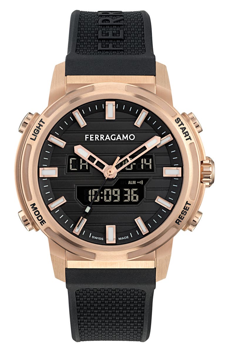 FERRAGAMO Sport Anadigit Silicon Strap Watch, 43mm, Main, color, Black/ Rose Gold