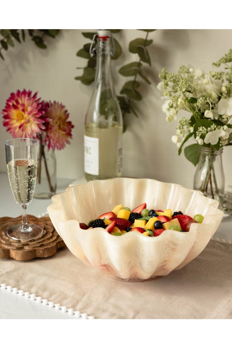 Resin Serving Bowl - Marbled Cream Scalloped Decorative Bowl, Shatterproof 11-Inch Fruit & Centerpiece Bowl for Indoor & Outdoor Luxury Entertaining, Alternate, color, Cream