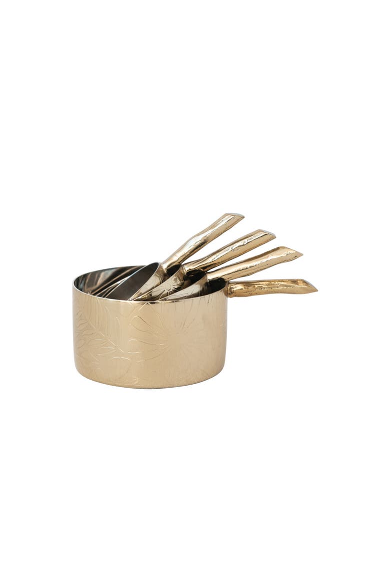 4-Piece Stainless Steel Measuring Cups with Etched Flowers and Twig Shaped Handles, Brass, Main, color, Brass