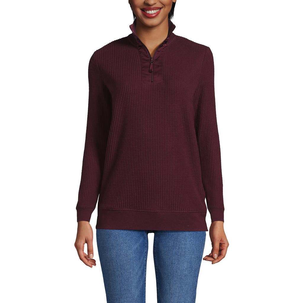 Lands' End Long Sleeve Waffle Quarter Zip Pullover In Burgundy