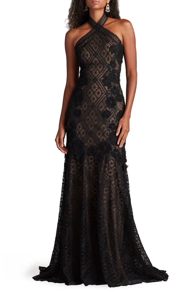 Embroidered Sequin Lace Halter Neck Gown, Main, color, BLACK/ BEIGE