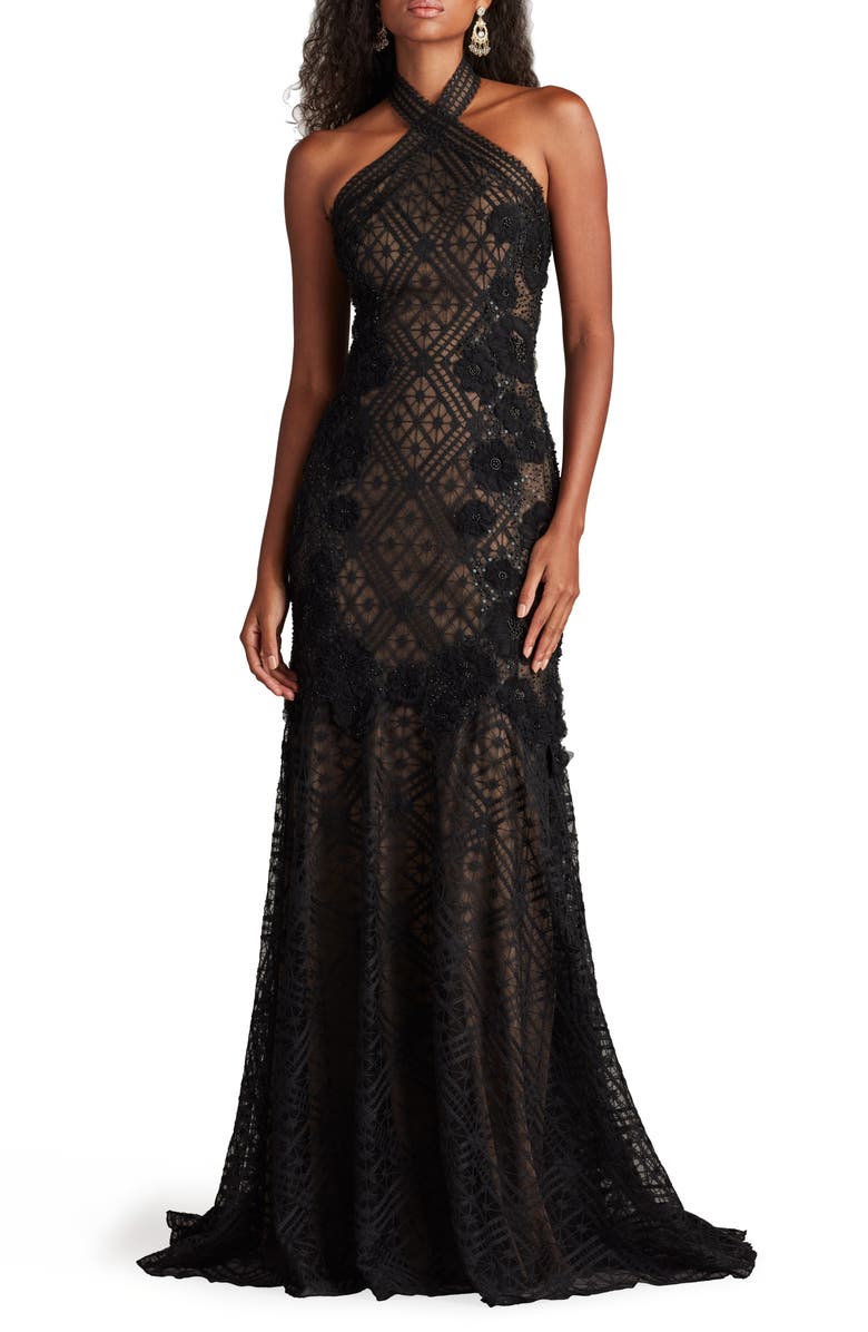 Tadashi Shoji Embroidered Sequin Lace Halter Neck Gown, Main, color, Black/ Beige