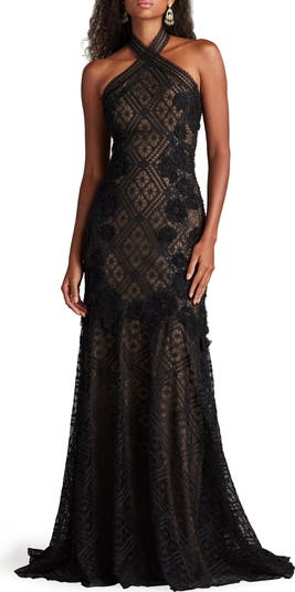 Embroidered Sequin Lace Halter Neck Gown