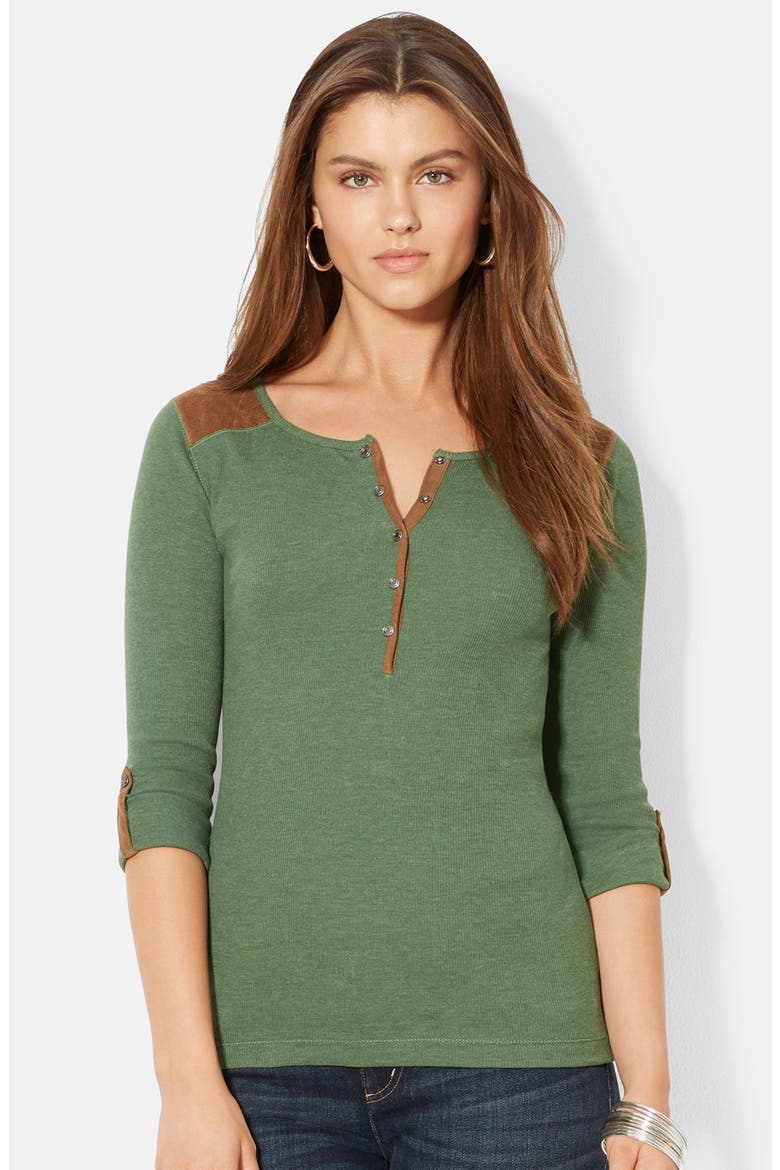 Faux Suede Trim Cotton Henley Tee, Main, color, LIGHT GREEN HEATHER