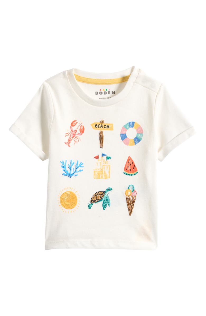 Mini Boden Embroidered Cotton Graphic T-Shirt, Main, color, Ivory Summer Logo
